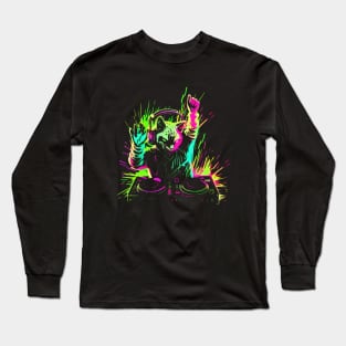 Cat DJ Decks 80's 90's Retro Neon Clubbers Rave Party #2 Long Sleeve T-Shirt
